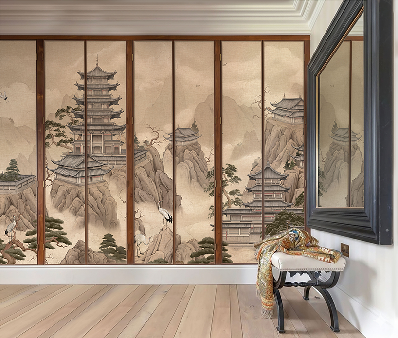 Misty Mountain Pagoda Wallpaper – Oriental Temple Landscape Mural