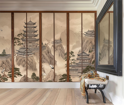 Misty Mountain Pagoda Wallpaper – Oriental Temple Landscape Mural