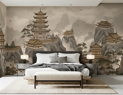 Misty Mountain Pagoda Wallpaper – Oriental Temple Landscape Mural