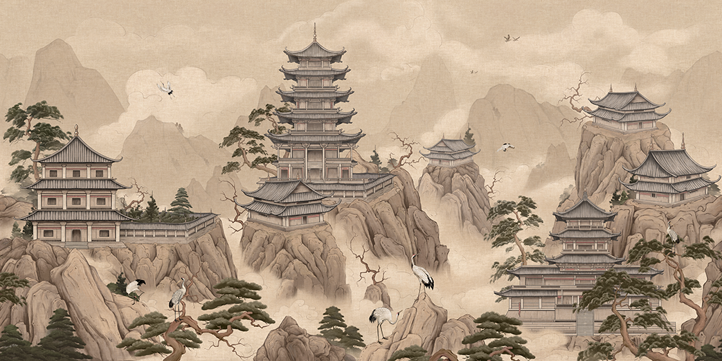 Misty Mountain Pagoda Wallpaper – Oriental Temple Landscape Mural