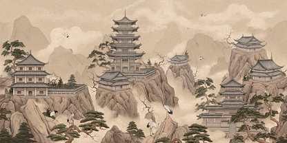 Misty Mountain Pagoda Wallpaper – Oriental Temple Landscape Mural
