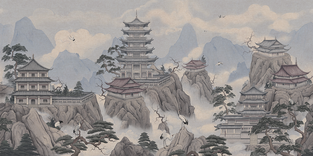 Misty Mountain Pagoda Wallpaper – Oriental Temple Landscape Mural