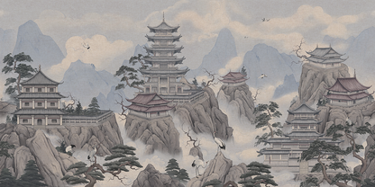 Misty Mountain Pagoda Wallpaper – Oriental Temple Landscape Mural