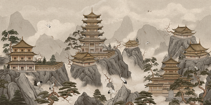 Misty Mountain Pagoda Wallpaper – Oriental Temple Landscape Mural