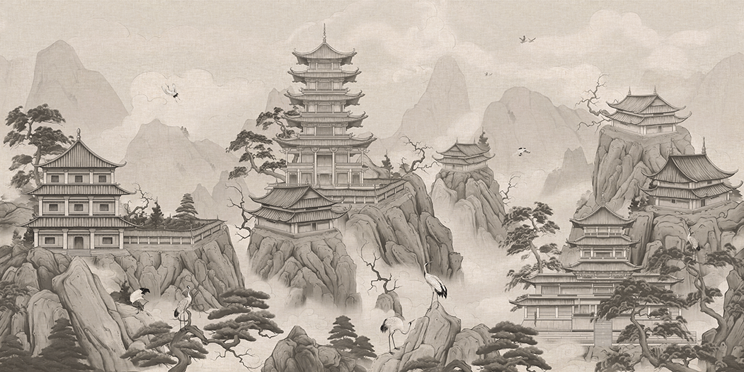 Misty Mountain Pagoda Wallpaper – Oriental Temple Landscape Mural