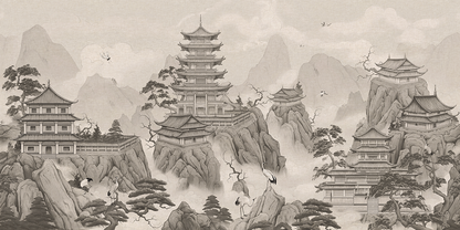 Misty Mountain Pagoda Wallpaper – Oriental Temple Landscape Mural
