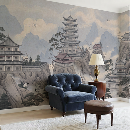 Misty Mountain Pagoda Wallpaper – Oriental Temple Landscape Mural