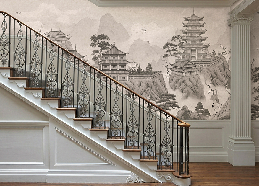 Misty Mountain Pagoda Wallpaper – Oriental Temple Landscape Mural